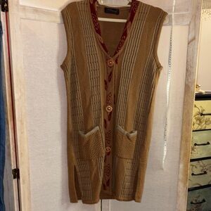 Sleeveless Knit Long Cardigan Vest in Camel